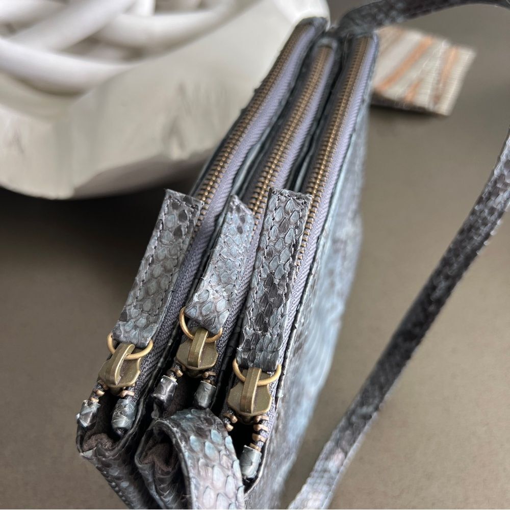 Gray Black Snakeskin python Leather Three-Compart… - image 4